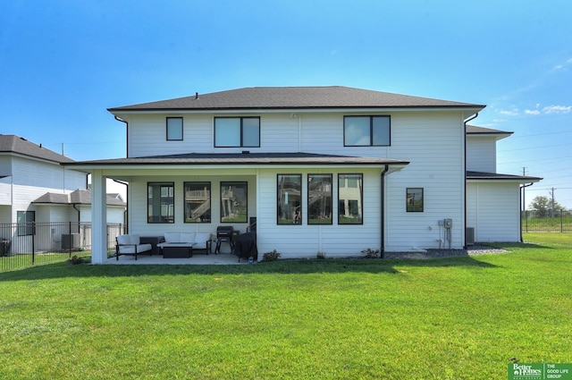 back of house featuring a lawn, central AC, outdoor lounge area, and a patio