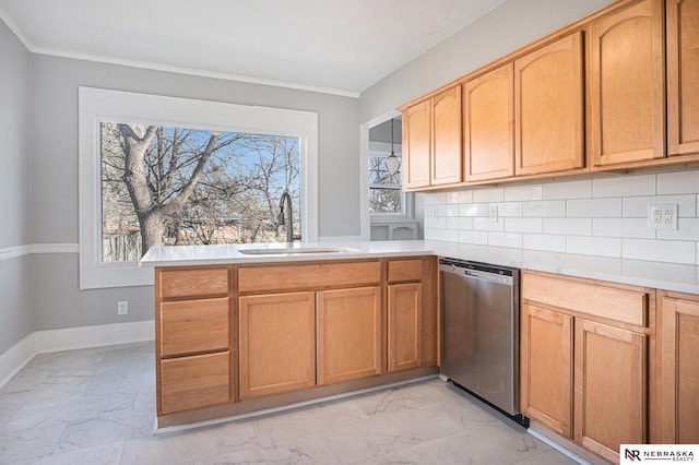 kitchen featuring crown molding, sink, backsplash, and dishwasher