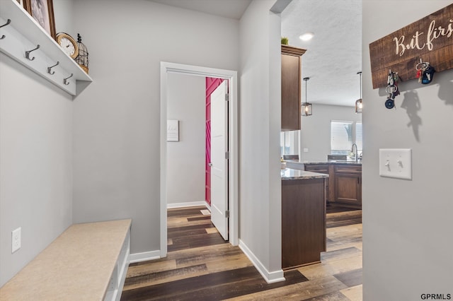 mudroom featuring sink, a textured ceiling, and dark hardwood / wood-style floors