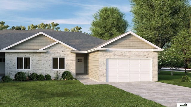 view of front of property featuring a front lawn and a garage