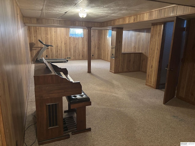 basement featuring wooden walls and carpet