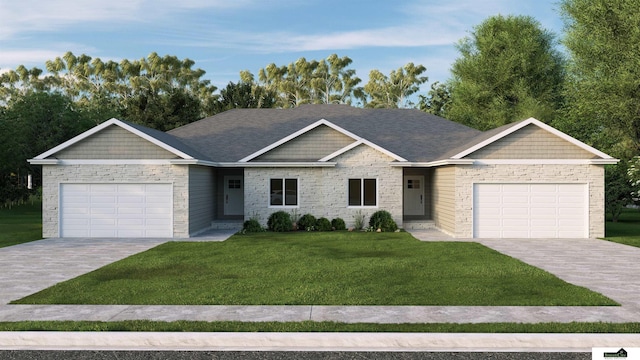 ranch-style house featuring a front yard and a garage