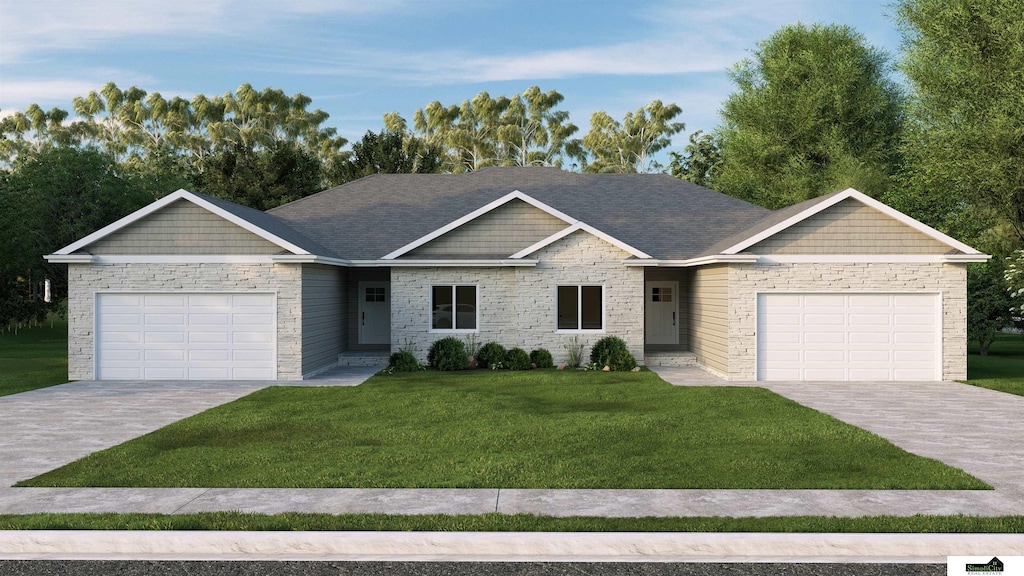 single story home featuring a front lawn and a garage