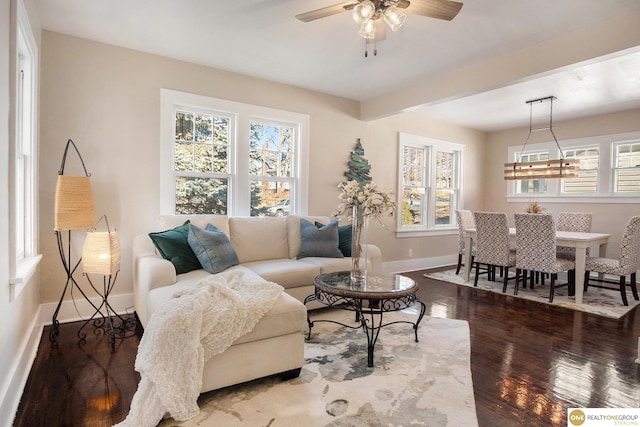 living room with hardwood / wood-style flooring, beam ceiling, ceiling fan, and a wealth of natural light