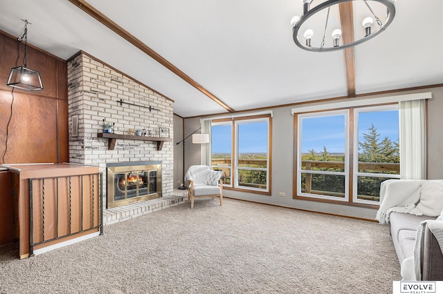 living room with a fireplace, carpet floors, and lofted ceiling with beams