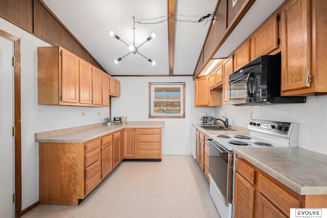 kitchen with white range with electric cooktop, a notable chandelier, vaulted ceiling with beams, and sink