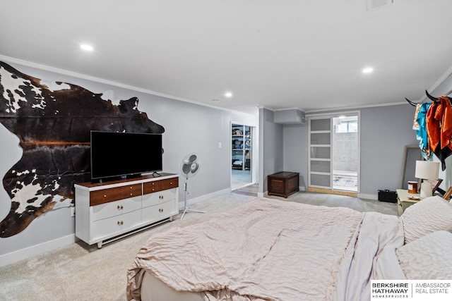 carpeted bedroom with crown molding