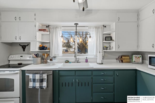 kitchen featuring sink, decorative light fixtures, white cabinetry, white appliances, and crown molding