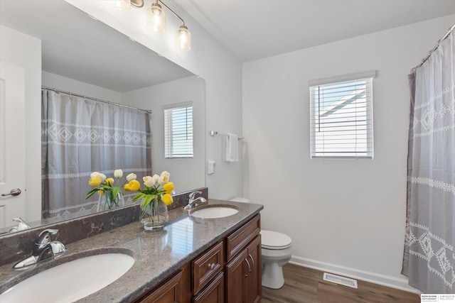 bathroom with wood-type flooring, a wealth of natural light, toilet, and vanity