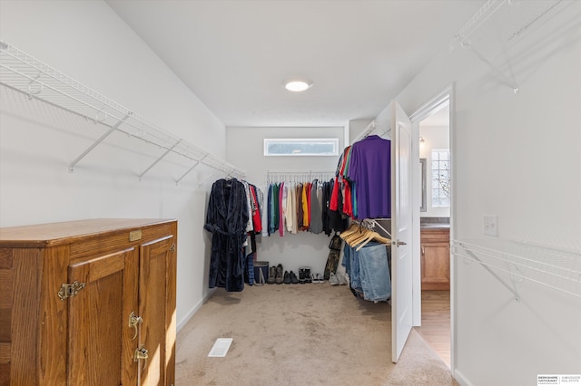 walk in closet with light colored carpet