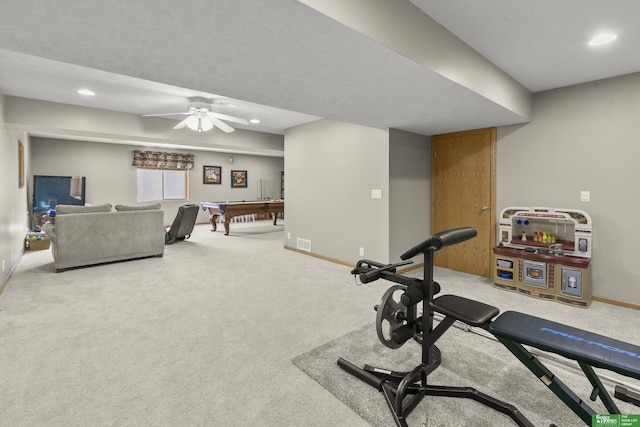 workout area with ceiling fan, billiards, and carpet flooring