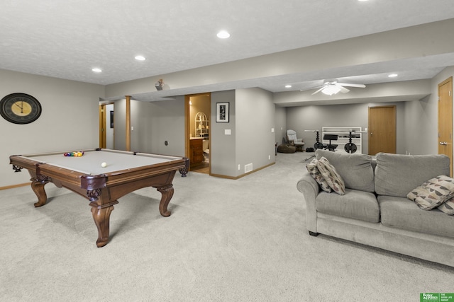 rec room featuring pool table, ceiling fan, and light carpet