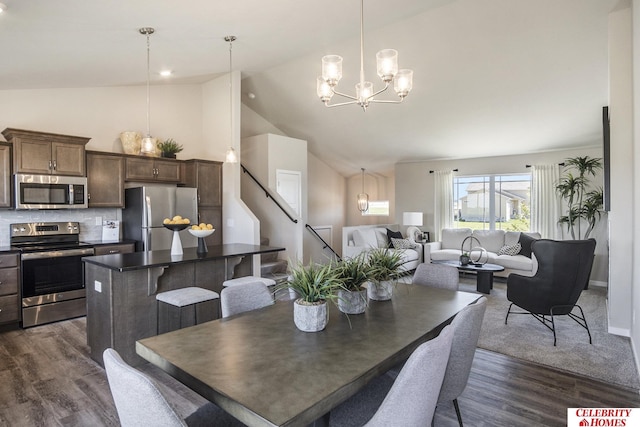 dining room featuring high vaulted ceiling, an inviting chandelier, and dark hardwood / wood-style floors