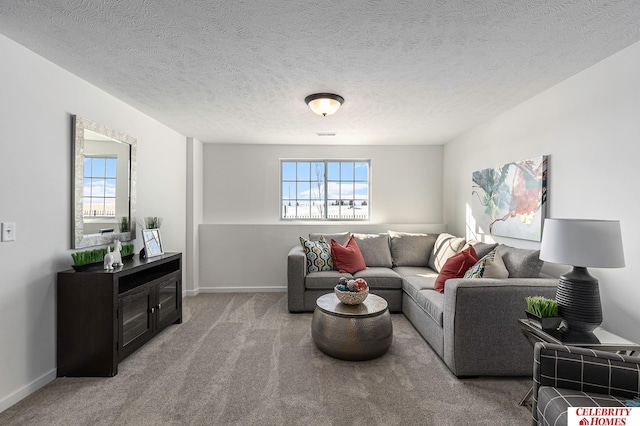 carpeted living room featuring a textured ceiling and a healthy amount of sunlight