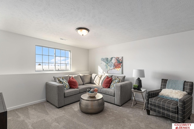 living room featuring a textured ceiling and carpet