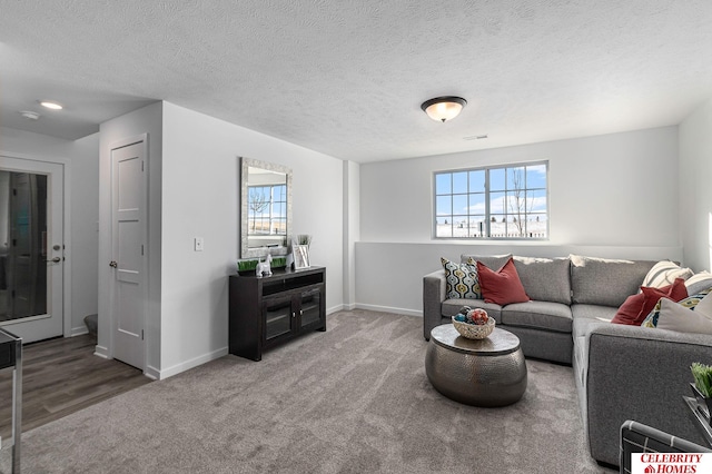 living room with a textured ceiling and carpet flooring