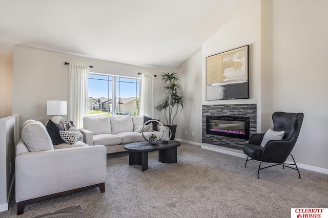 living room featuring carpet flooring and vaulted ceiling