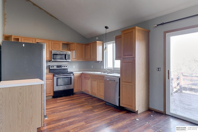 kitchen with lofted ceiling, sink, hanging light fixtures, appliances with stainless steel finishes, and dark wood-type flooring