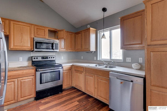 kitchen featuring appliances with stainless steel finishes, lofted ceiling, decorative light fixtures, dark wood-type flooring, and sink