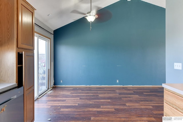 interior space with lofted ceiling, ceiling fan, and dark hardwood / wood-style floors