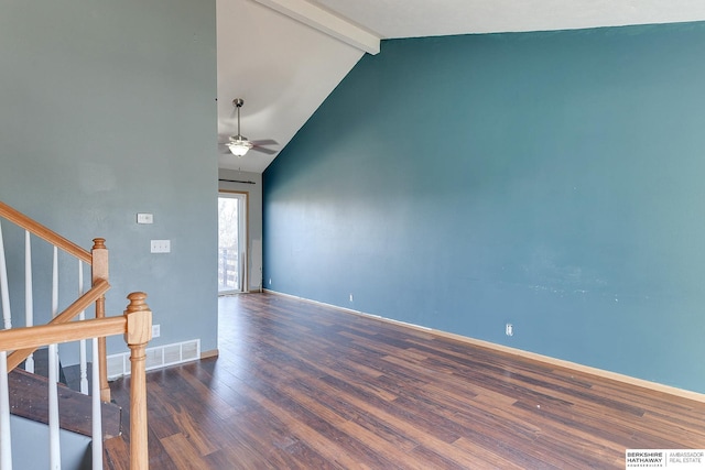 unfurnished room with ceiling fan, dark hardwood / wood-style flooring, and lofted ceiling with beams