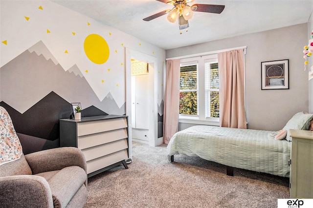 carpeted bedroom with ceiling fan