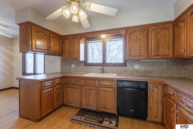 kitchen with dishwasher, sink, backsplash, kitchen peninsula, and ceiling fan