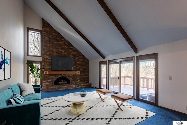 living room with dark carpet, a fireplace, high vaulted ceiling, and beamed ceiling