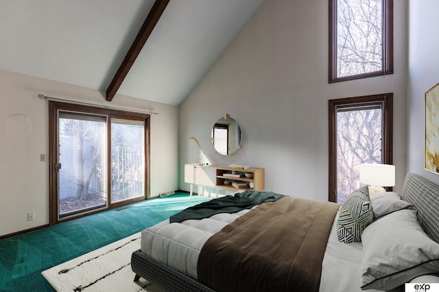 bedroom with high vaulted ceiling, access to exterior, carpet floors, and beamed ceiling