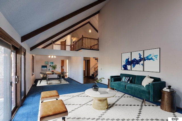 living room featuring high vaulted ceiling, dark colored carpet, beamed ceiling, and an inviting chandelier