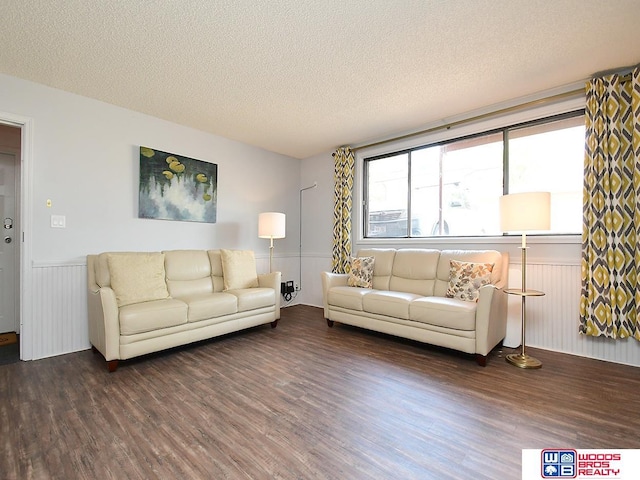 living room with dark hardwood / wood-style floors and a textured ceiling