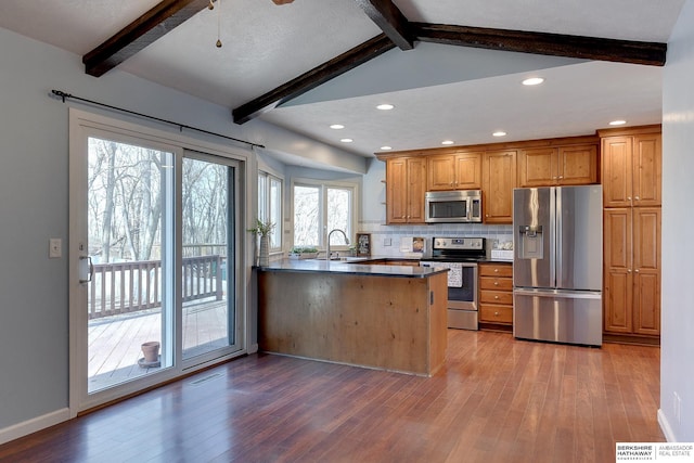 kitchen with appliances with stainless steel finishes, a healthy amount of sunlight, kitchen peninsula, and lofted ceiling with beams