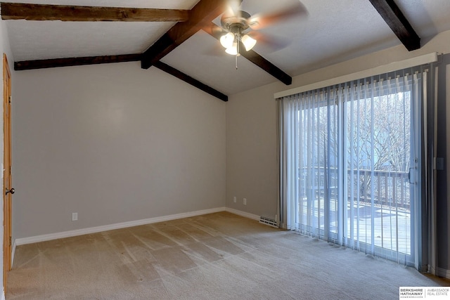 unfurnished room with ceiling fan, light carpet, and lofted ceiling with beams