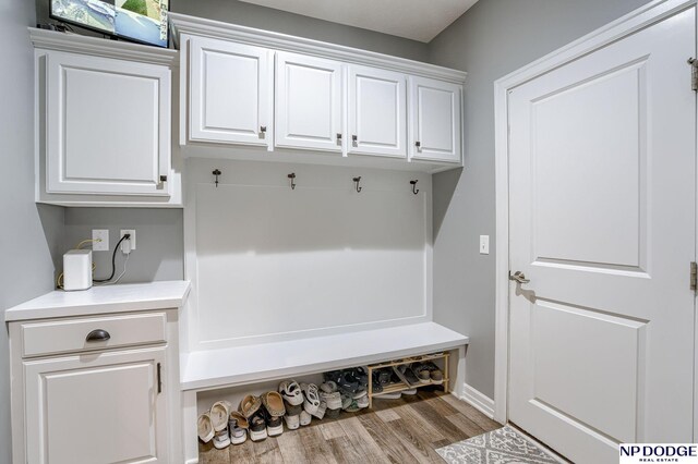 mudroom with light hardwood / wood-style flooring