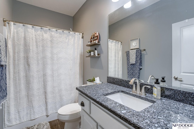 bathroom with toilet, hardwood / wood-style floors, and vanity