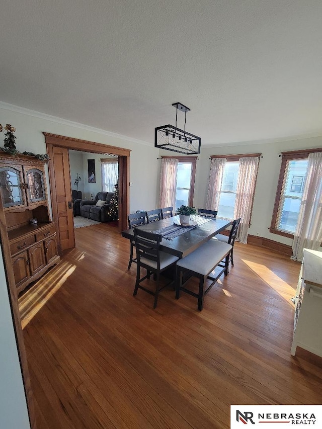 dining space with wood-type flooring, a wealth of natural light, and crown molding