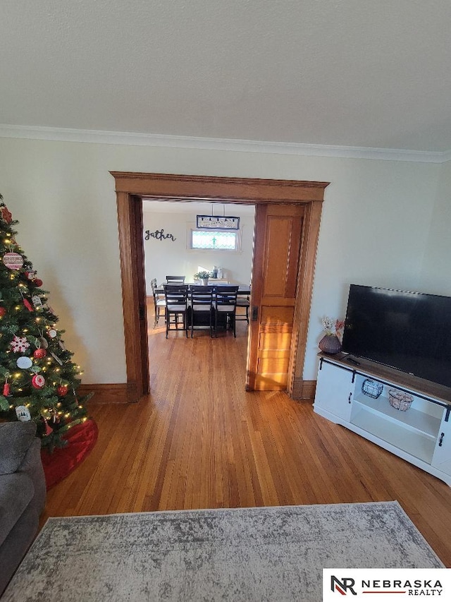 living room featuring ornamental molding and hardwood / wood-style flooring