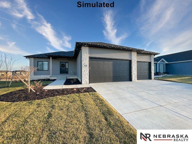 view of front of home featuring a front yard and a garage