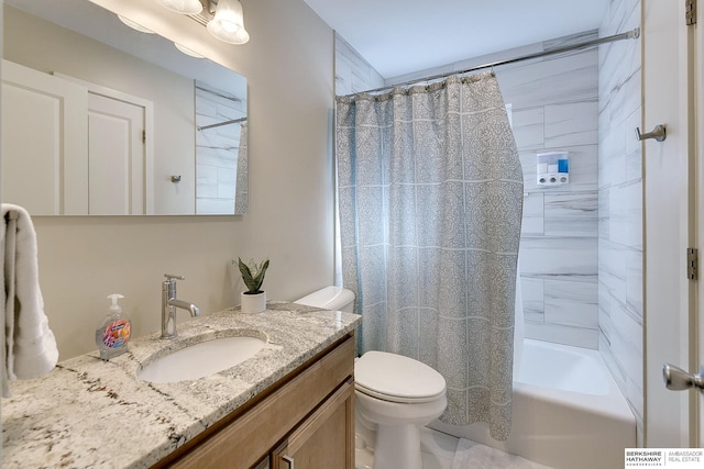 full bathroom featuring toilet, vanity, and shower / tub combo with curtain