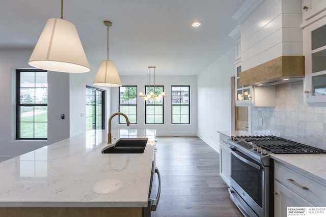 kitchen featuring decorative backsplash, stainless steel gas range oven, sink, and a center island with sink