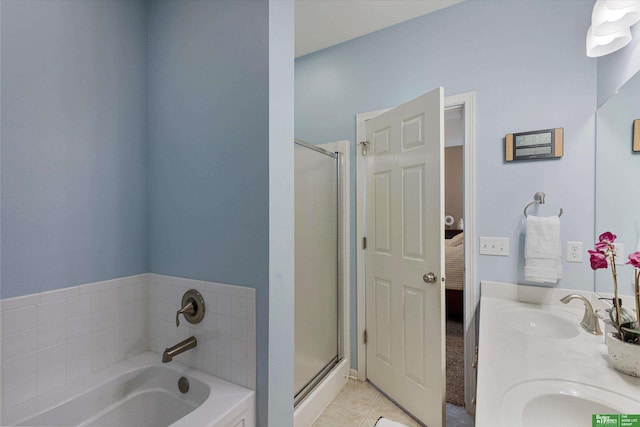 bathroom featuring vanity, separate shower and tub, and tile patterned flooring