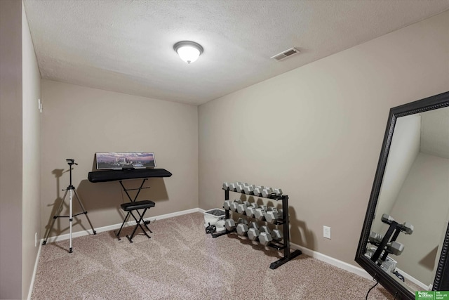 workout area with a textured ceiling and carpet floors