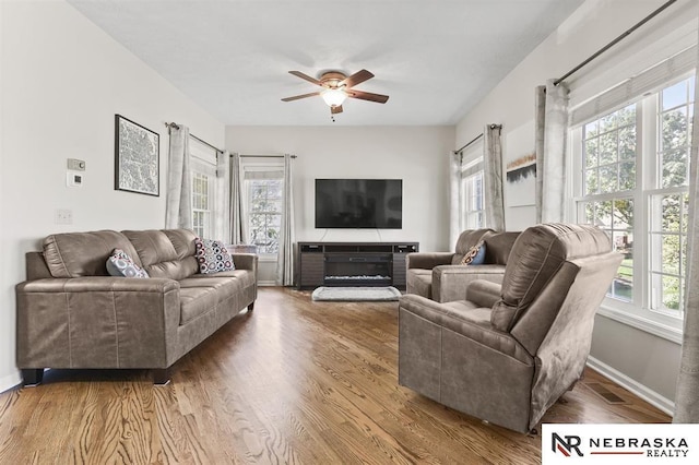 living room featuring ceiling fan and hardwood / wood-style flooring