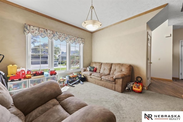 living room with crown molding and carpet floors