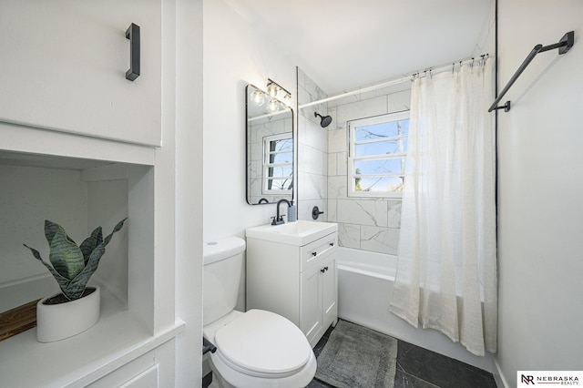 full bathroom with toilet, shower / tub combo, and vanity