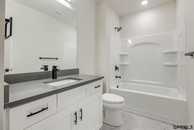 full bathroom featuring shower / bath combination, toilet, and vanity