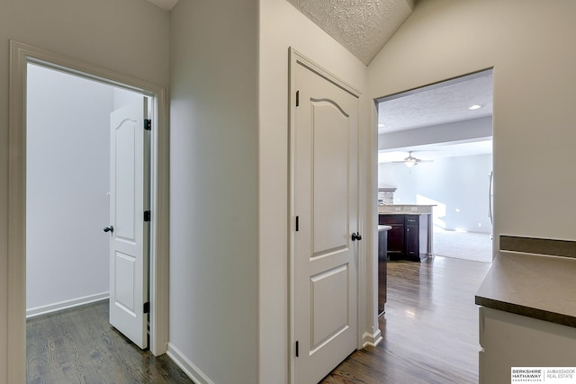 corridor featuring a textured ceiling, lofted ceiling, and dark hardwood / wood-style floors