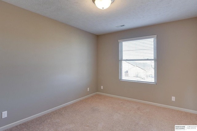 unfurnished room with a textured ceiling and light carpet