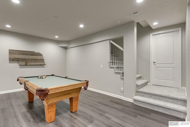 recreation room featuring pool table and hardwood / wood-style flooring