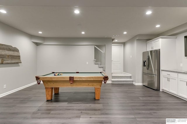 rec room with dark wood-type flooring and billiards